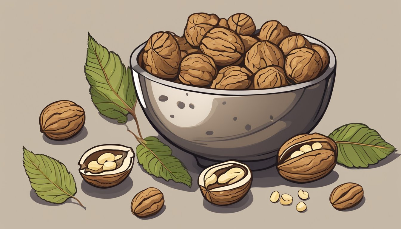 A bowl of raw walnuts with a cracked shell, surrounded by scattered walnuts and a few leaves