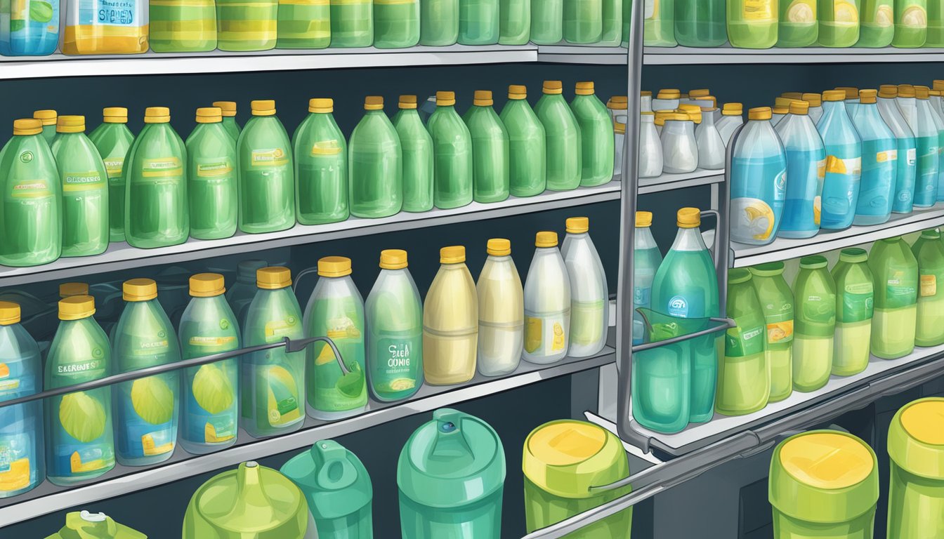 A shelf of expired coconut water bottles with mold and discoloration, next to a trash can