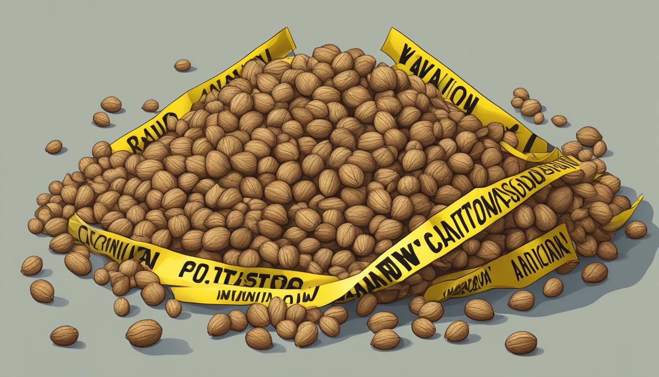 A pile of raw walnuts surrounded by warning signs and caution tape