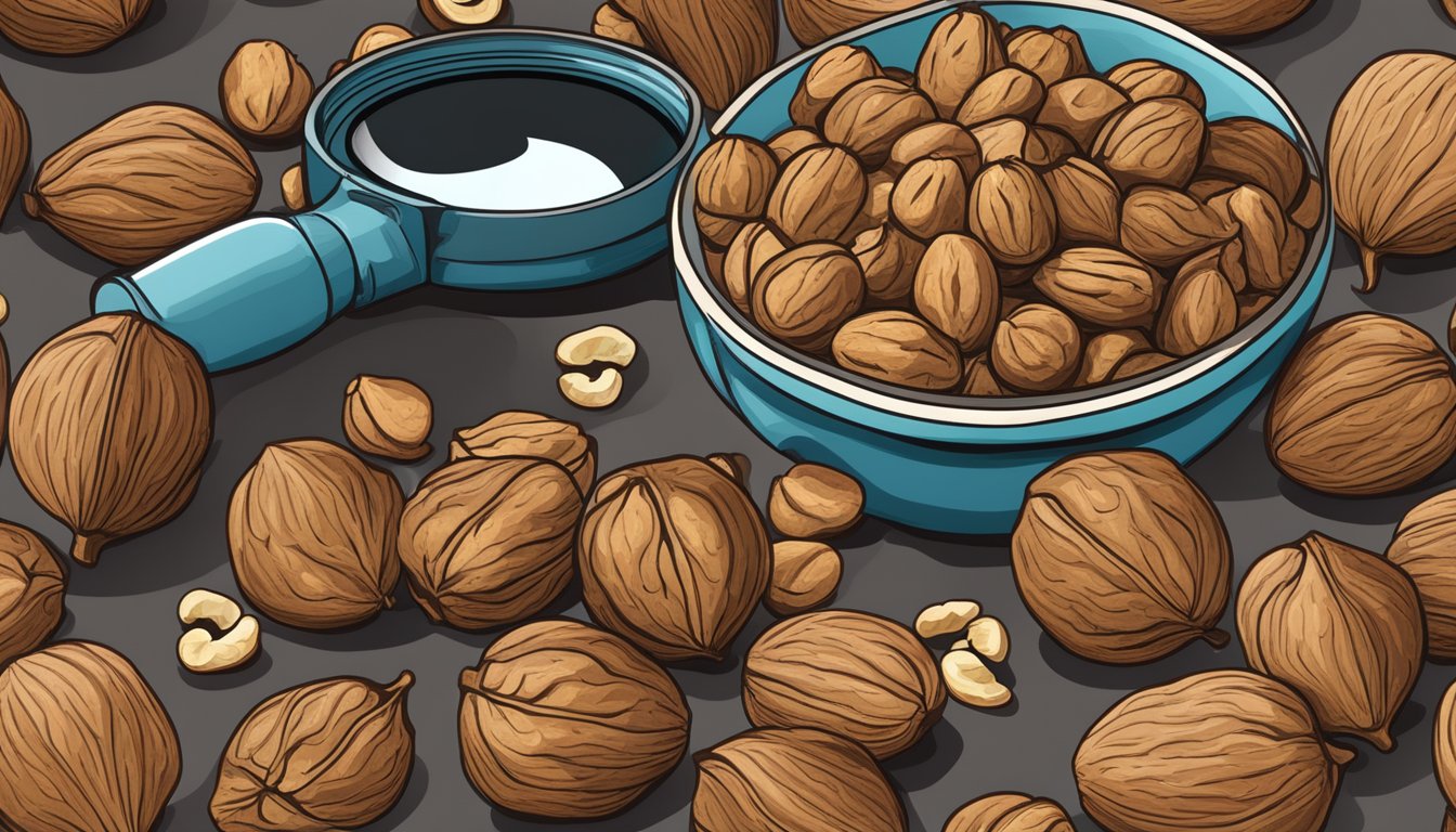 A pile of raw walnuts next to a bowl of roasted walnuts, with a magnifying glass examining the texture and color of each