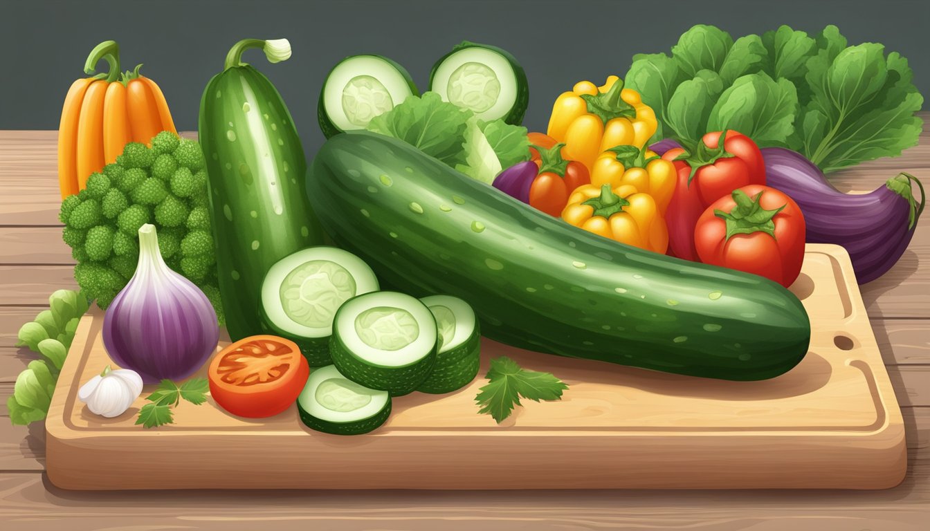 A whole cucumber surrounded by various fresh vegetables on a wooden cutting board