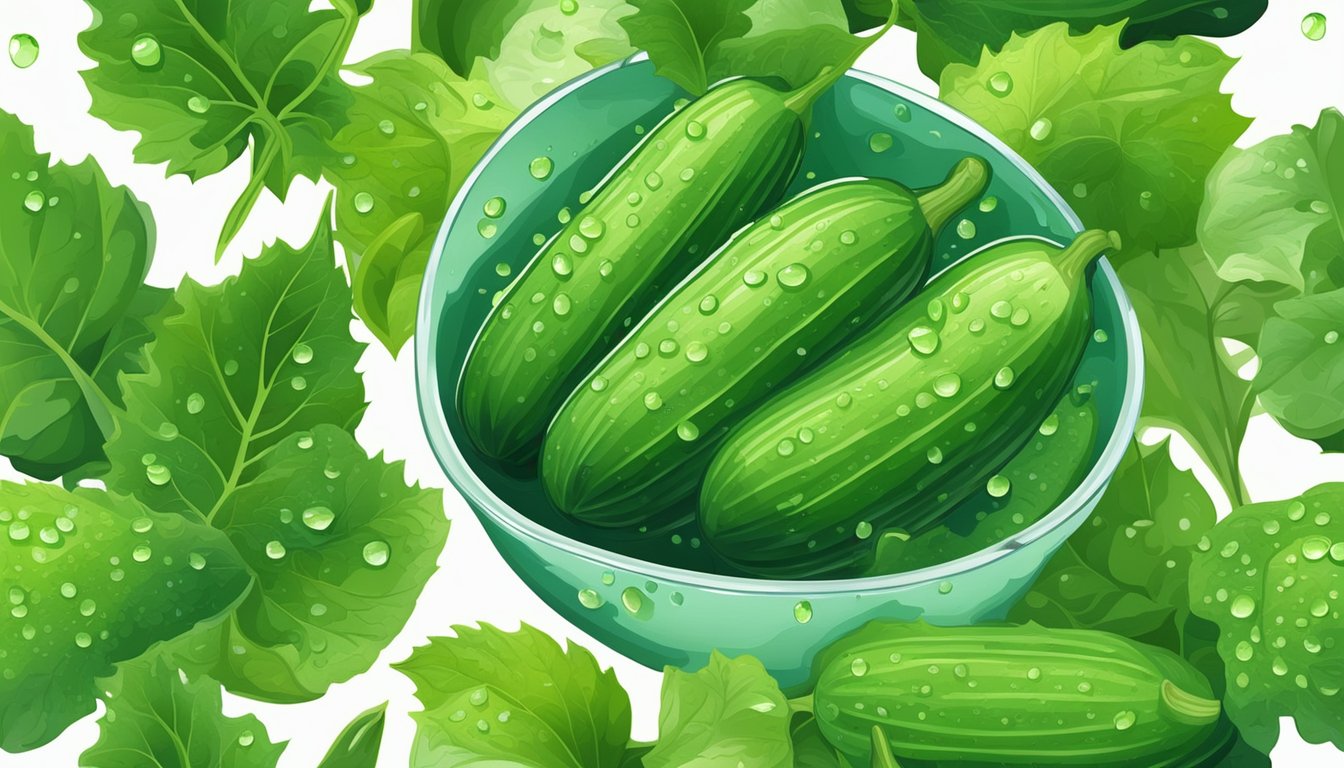 A bowl of fresh raw cucumbers with water droplets, surrounded by vibrant green cucumber vines and leaves