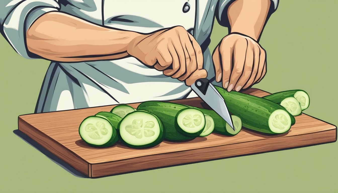 A chef slicing fresh cucumbers on a wooden cutting board with a sharp knife