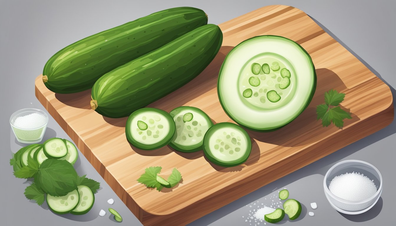 A cutting board with fresh cucumbers being washed and sliced, with a bowl of salt nearby for seasoning