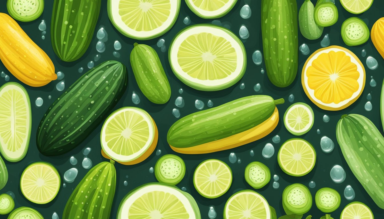 A variety of cucumbers in different shapes, sizes, and colors arranged on a wooden cutting board with water droplets