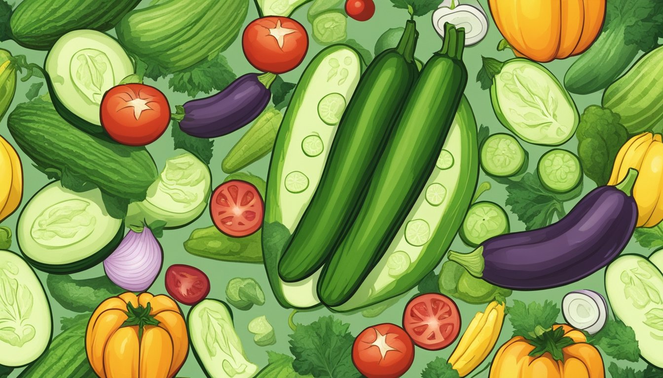 A cucumber surrounded by various other vegetables, with a question mark above it