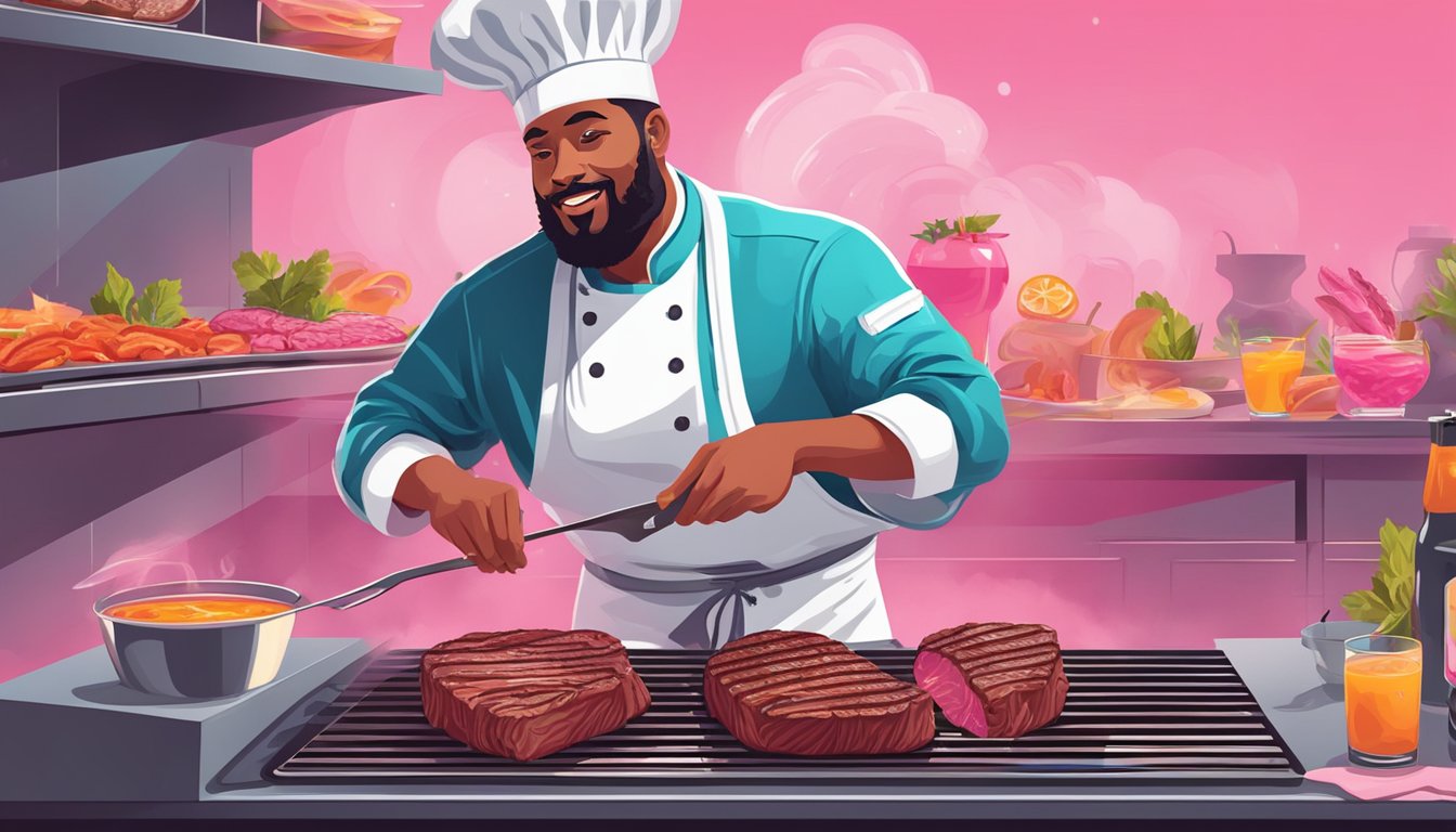 A chef grilling a rare steak on a sizzling hot grill, with pink juices oozing out