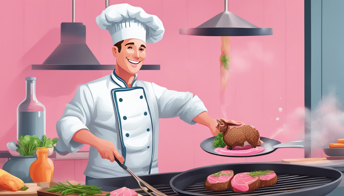 A chef grilling a medium-rare lamb chop with a pink center