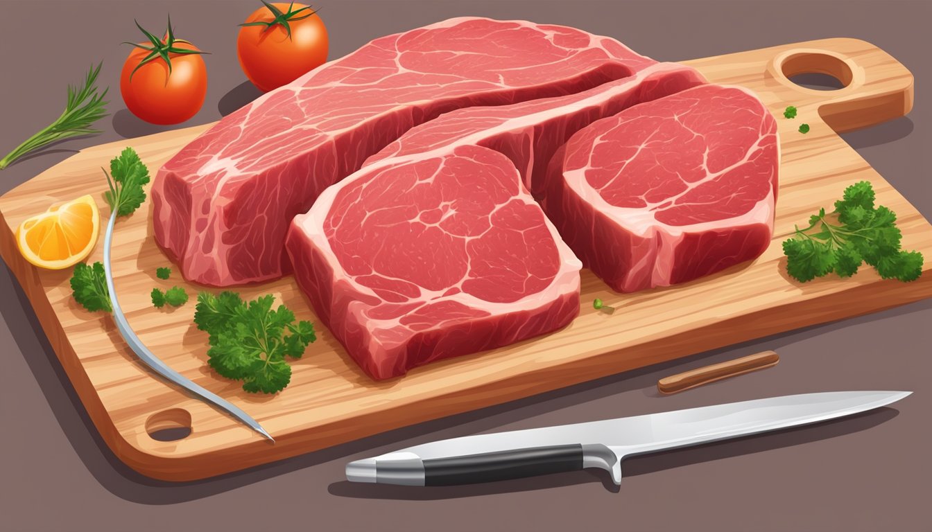 A raw piece of beef on a cutting board, with a thermometer inserted to check the internal temperature