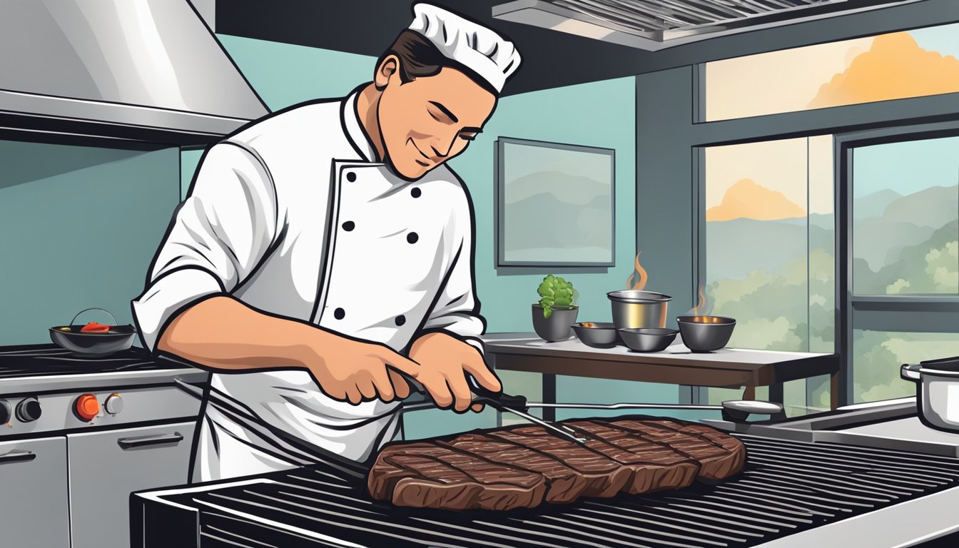 A chef cooking a steak on a sizzling grill, with a meat thermometer inserted to ensure proper internal temperature