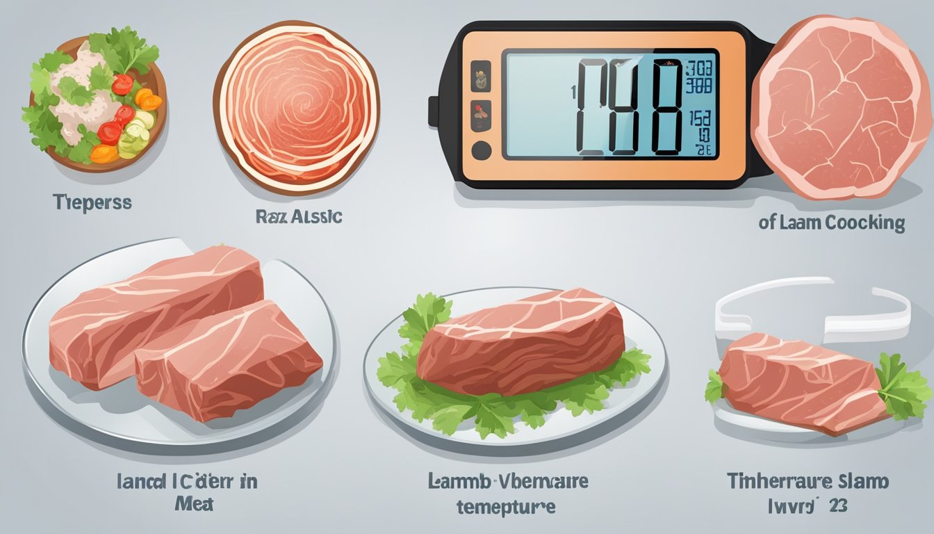 A thermometer inserted into a slab of lamb, showing the internal temperature. A chart with safe cooking temperatures for different types of meat is displayed nearby