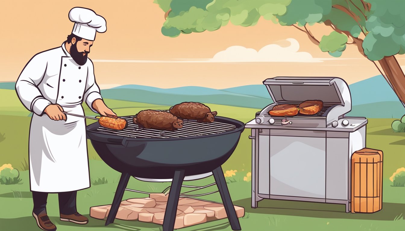 A chef grilling lamb on a barbecue, checking the internal temperature with a meat thermometer