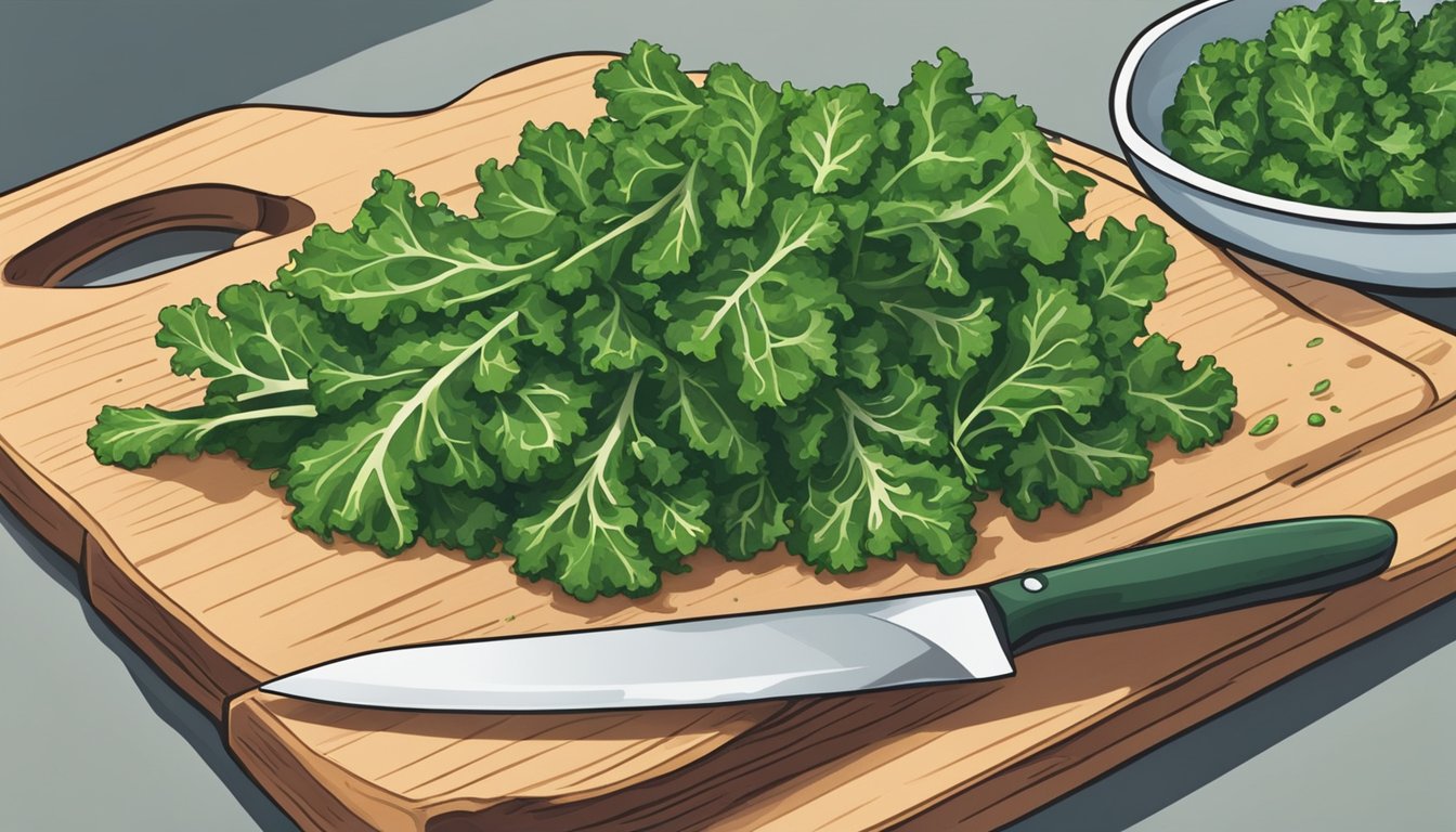 A cutting board with fresh kale leaves being washed and chopped into bite-sized pieces