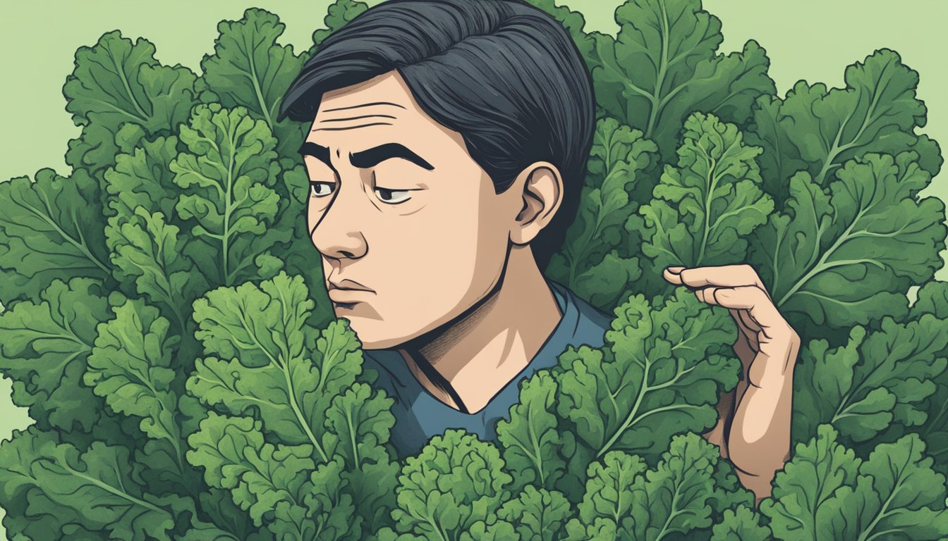 A person with a concerned expression looking at a bunch of raw kale with question marks floating above it