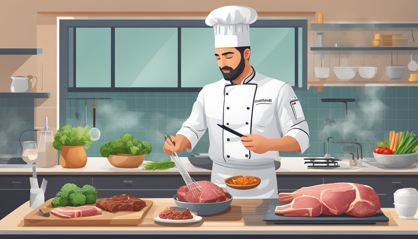 A chef checking the internal temperature of a lamb chop with a meat thermometer, surrounded by regulatory guidelines and recommendations for cooking meat