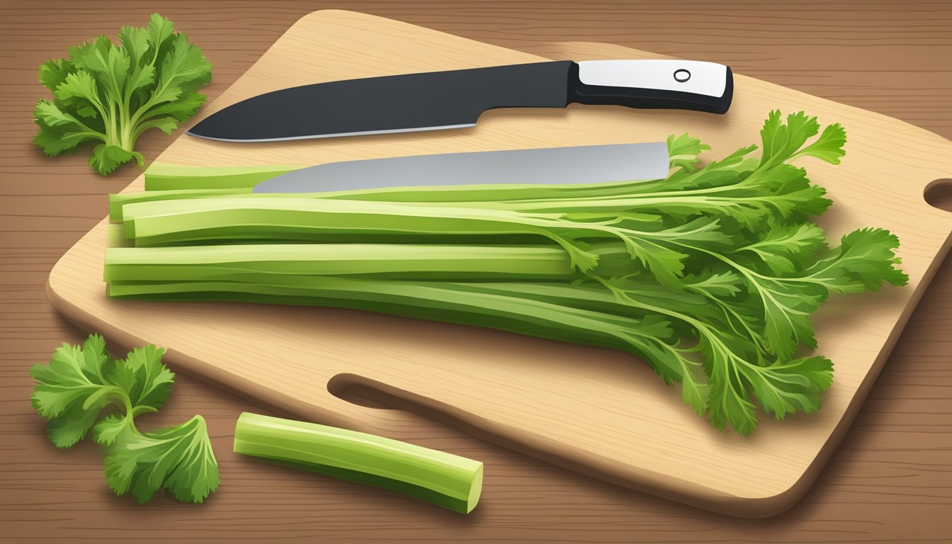 A bunch of raw celery stalks arranged on a cutting board with a knife beside them, showcasing the vegetable's nutritional profile