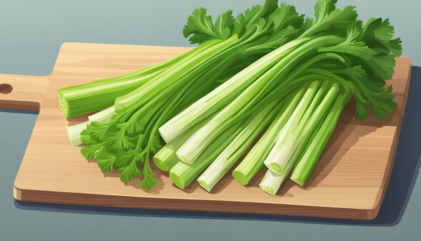 A colorful bunch of fresh celery stalks arranged on a clean cutting board