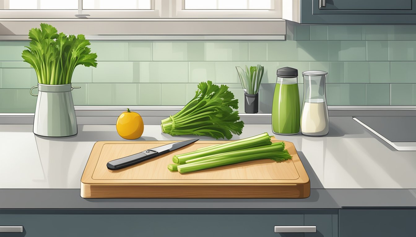 A clean, well-lit kitchen counter with a bunch of fresh celery stalks, a cutting board, and a sharp knife