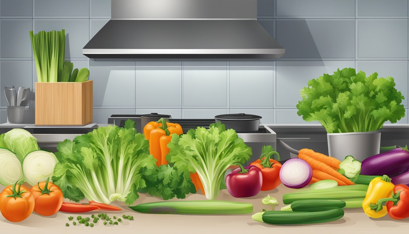 A colorful kitchen countertop with a variety of fresh vegetables, including celery, arranged for cooking