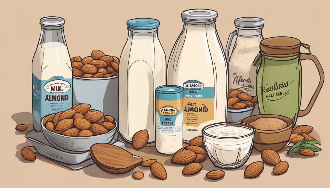 An open carton of almond milk with a "best by" date passed, surrounded by various recipes and uses for expired almond milk