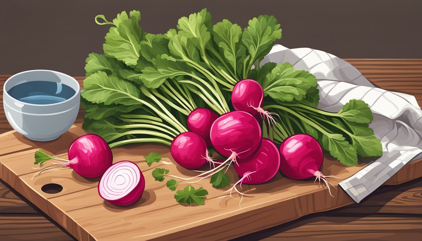 A bunch of fresh radishes arranged on a wooden cutting board, with a knife and a bowl of water nearby