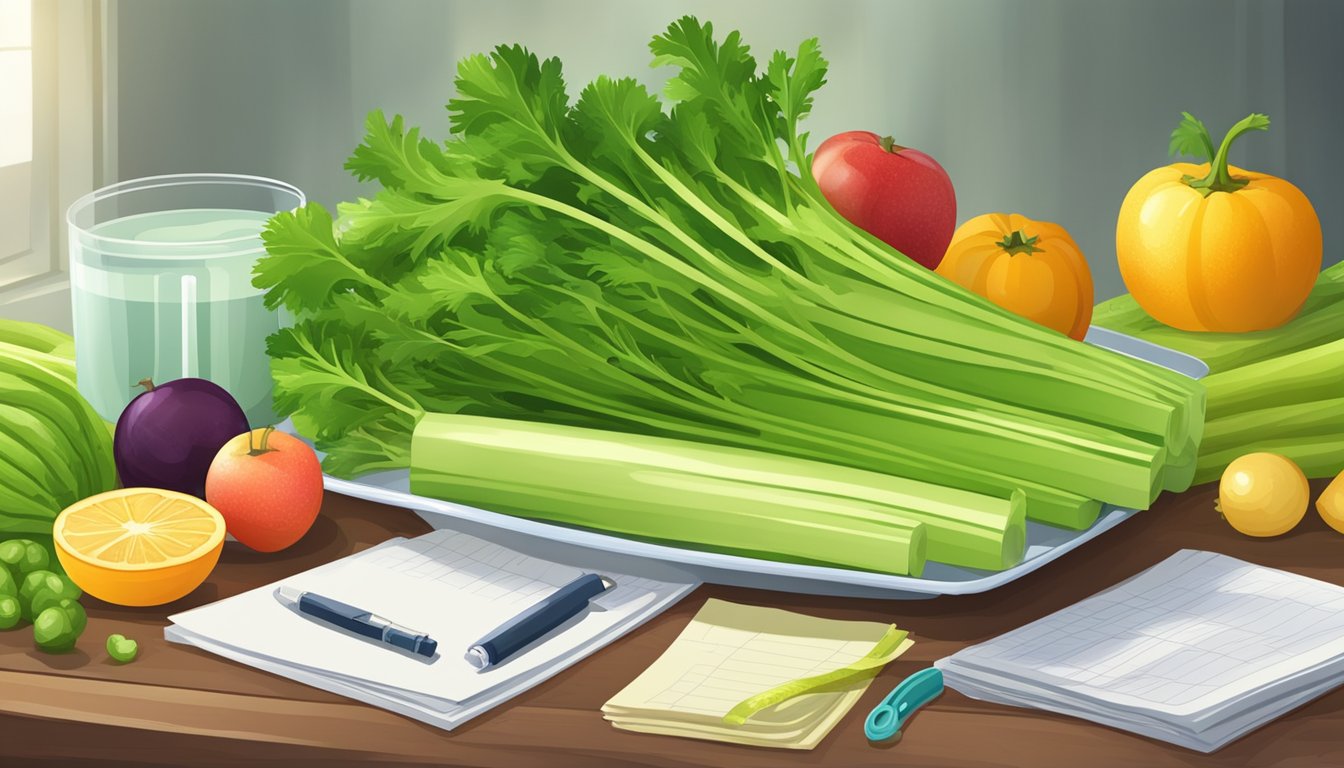 A table with a plate of raw celery surrounded by various fruits and vegetables, with a measuring tape and a stack of medical papers nearby