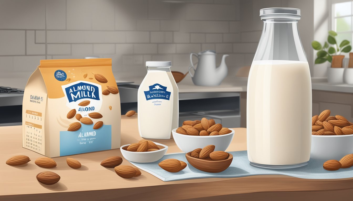 A carton of almond milk sits on a kitchen counter, surrounded by various nuts and seeds. A calendar on the wall shows the current date crossed out, while the expiration date on the milk carton remains visible