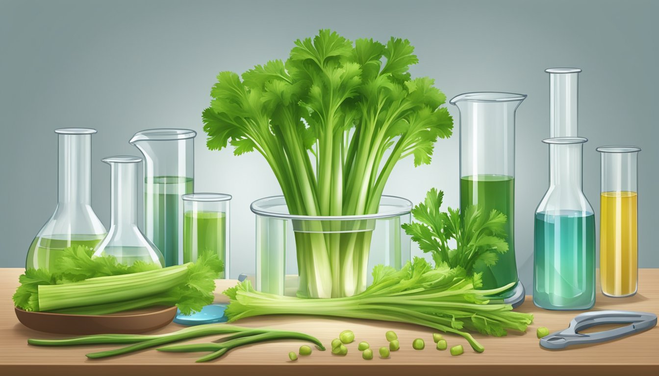 A laboratory table with various scientific equipment and a bunch of fresh celery stalks arranged for experimentation