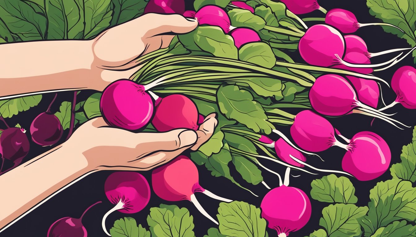 A hand reaching for a bunch of vibrant radishes, with leaves still attached, in a farmer's market display