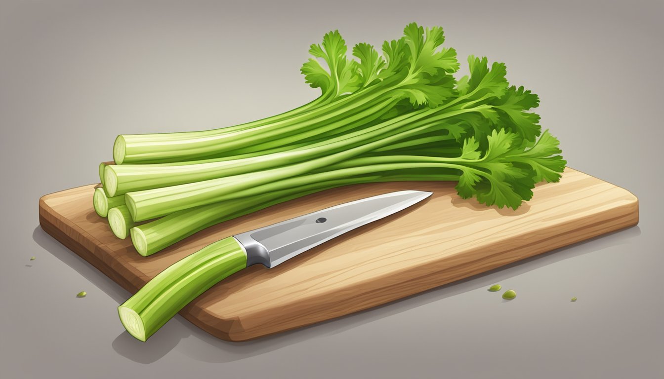 A bunch of raw celery on a clean cutting board, with a knife nearby