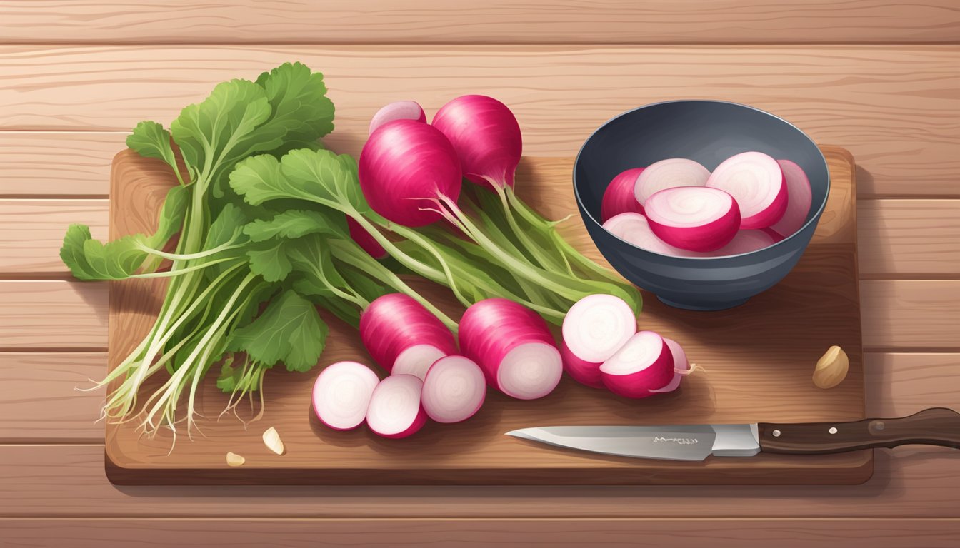 A bowl of raw radishes on a wooden cutting board with a knife