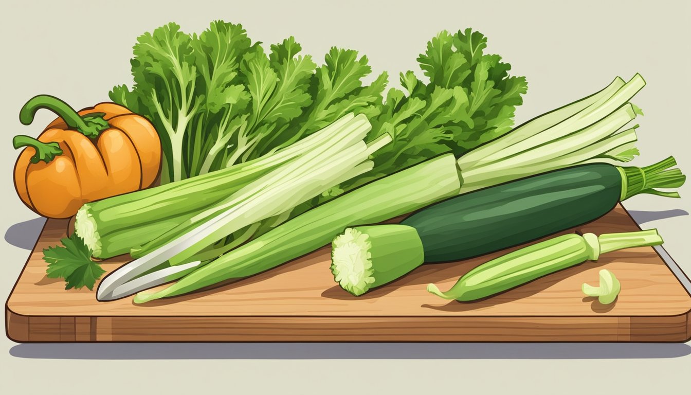 A variety of vegetables, including celery, arranged on a wooden cutting board with a knife nearby