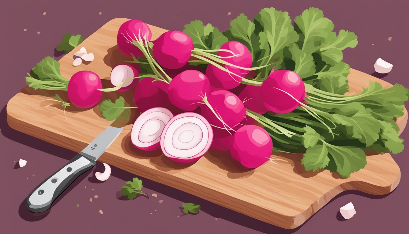 A pile of raw radishes on a cutting board, with a knife nearby and a question mark hovering over them