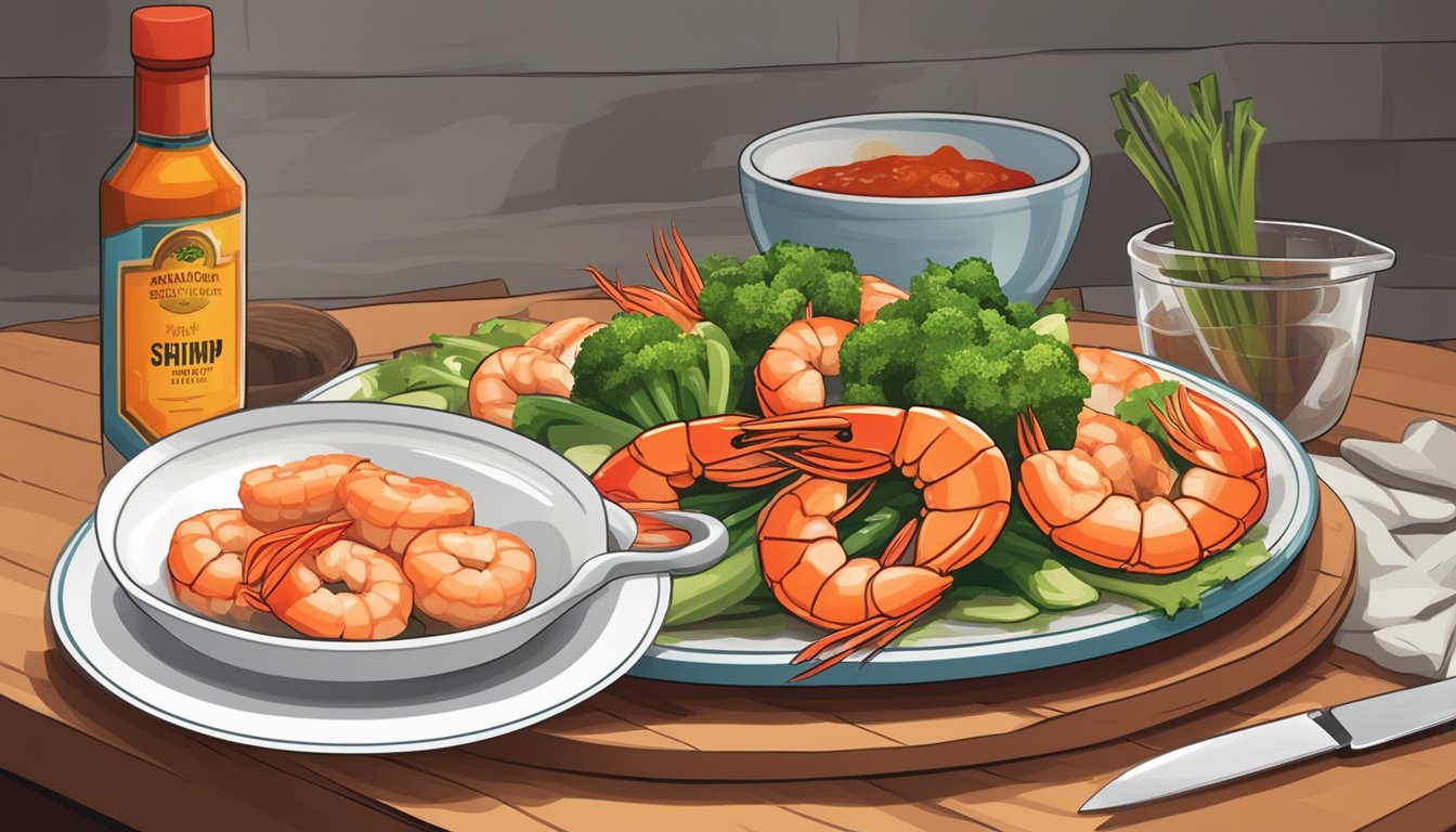 A plate of cooked shrimp next to a pile of fresh vegetables and a bottle of hot sauce, with a chef's knife and cutting board in the background