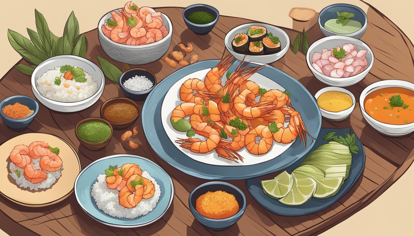 A variety of shrimp dishes from around the world, including sushi, ceviche, and coconut shrimp, displayed on a table with colorful spices and ingredients