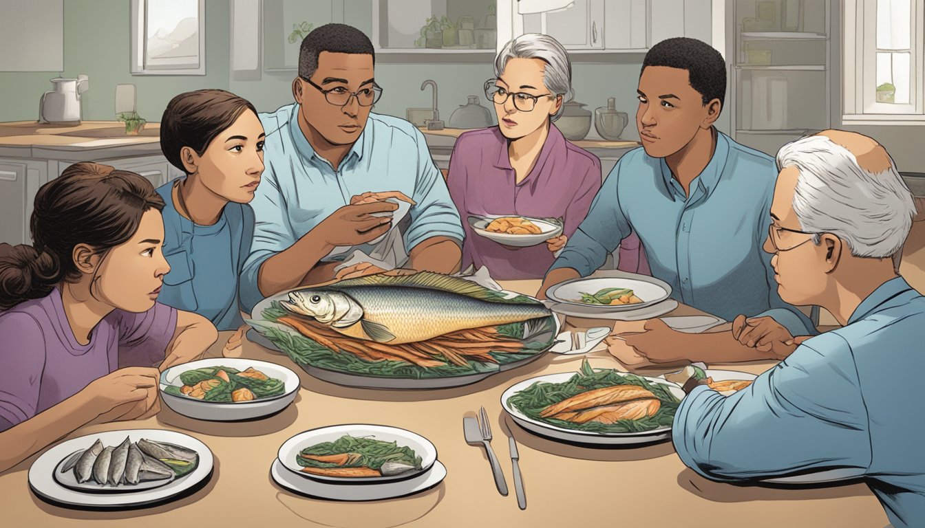 A group of people gather around a table with a plate of undercooked fish, looking concerned and questioning its safety