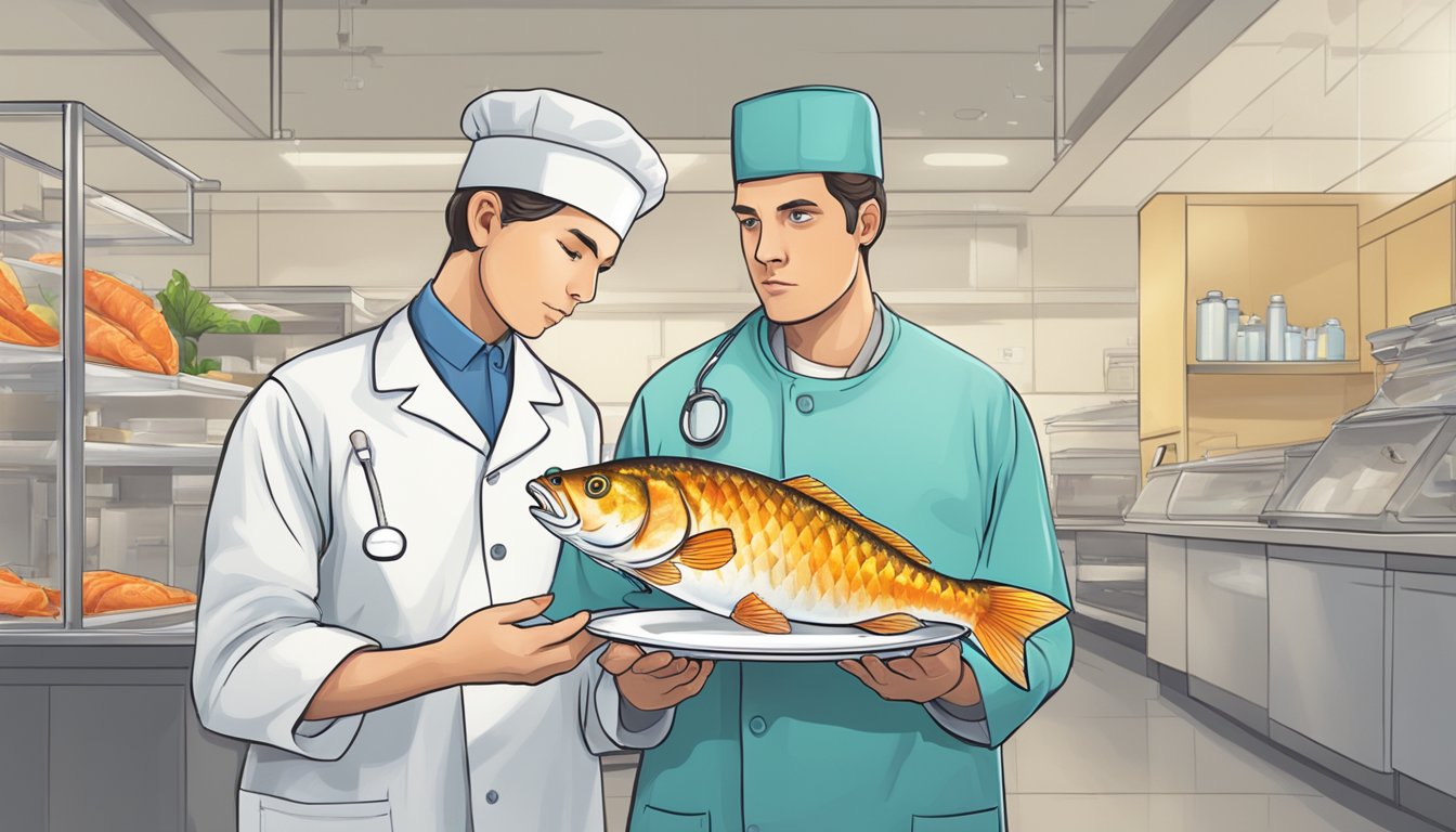 A person holding a plate with a piece of undercooked fish, looking uncertain. A medical symbol in the background