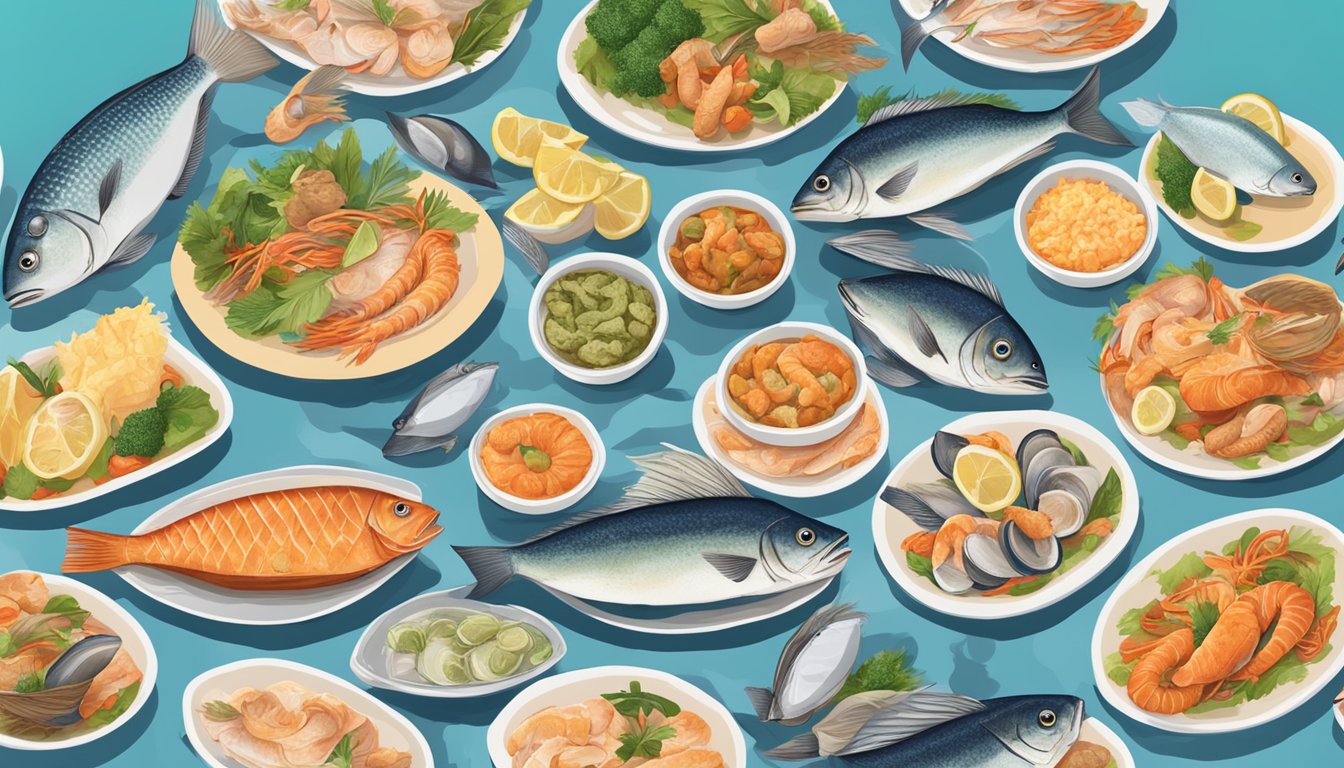 A plate of undercooked fish with a question mark hovering above it, surrounded by images of healthy and risky seafood options