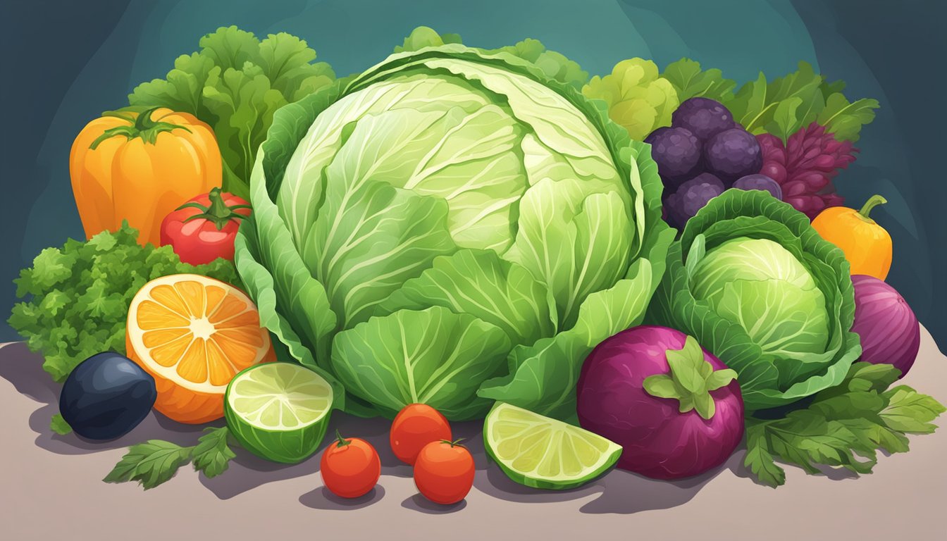 A head of raw cabbage surrounded by various fruits and vegetables, with a bright spotlight shining on it