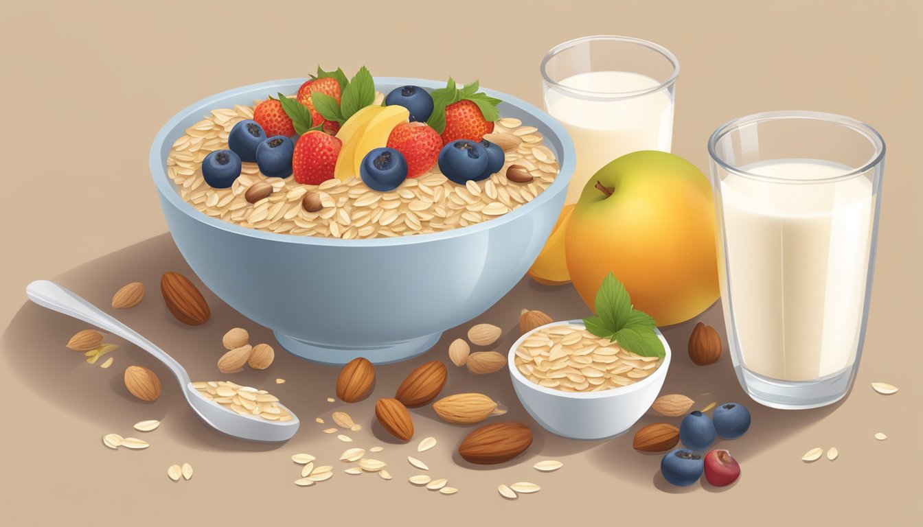 A bowl of oats surrounded by fresh fruits, nuts, and seeds, with a glass of milk on the side