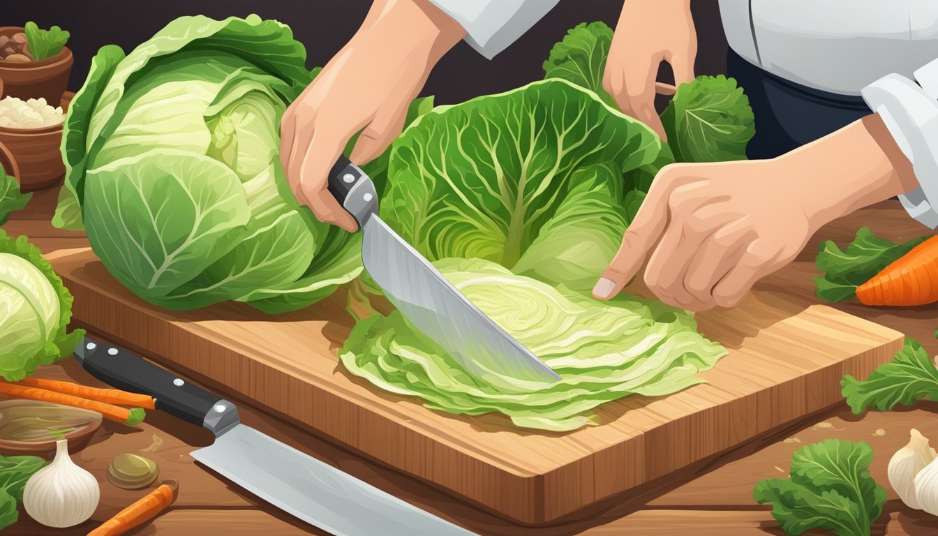 A chef slicing fresh cabbage with a sharp knife on a wooden cutting board, surrounded by various ingredients and kitchen utensils