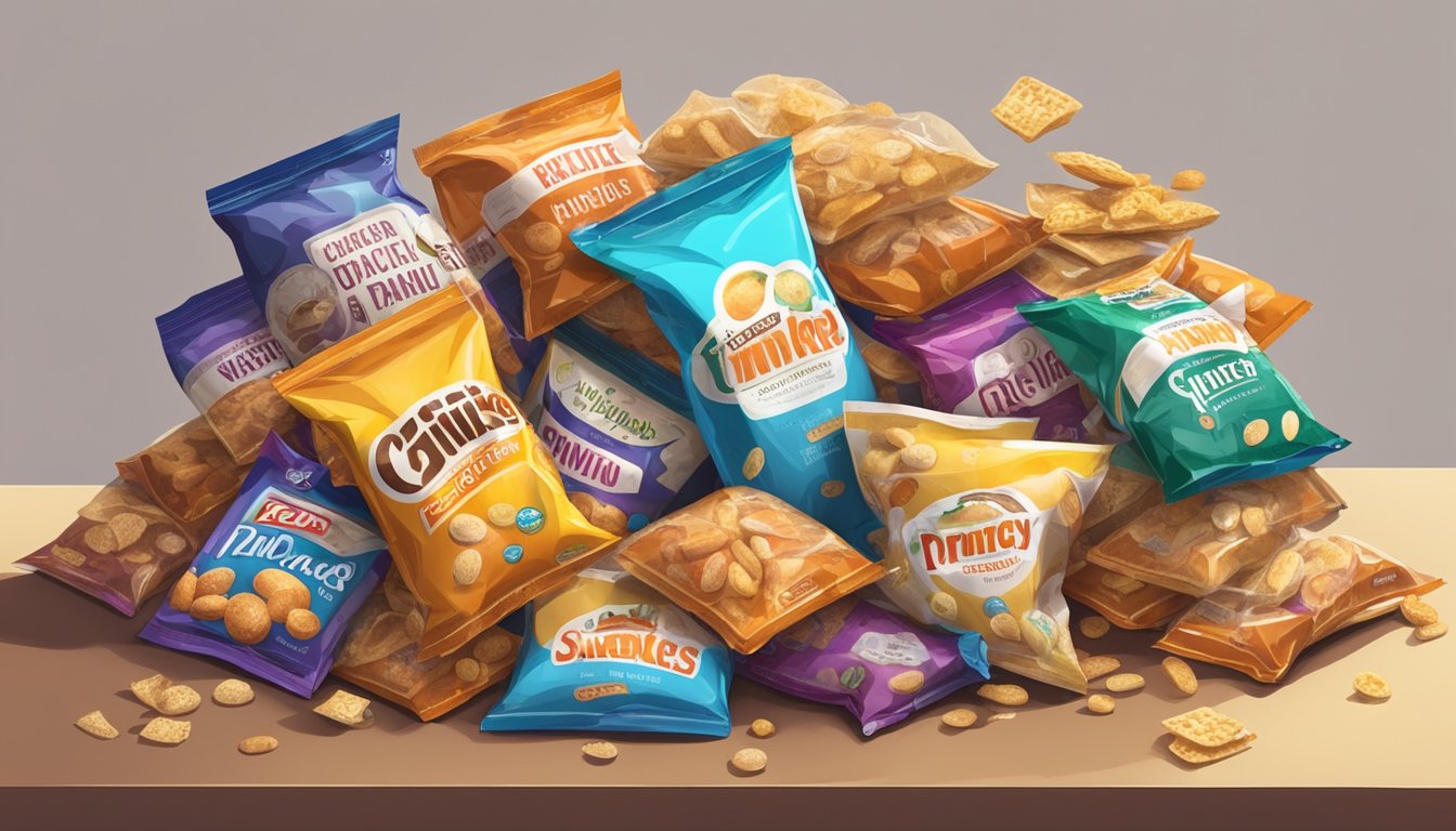 A pile of expired packaged snacks, some with visible mold, sit on a dusty shelf in a dimly lit pantry