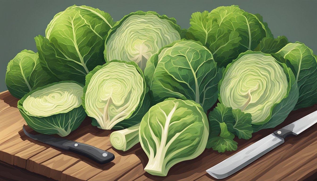 A variety of cabbage heads, including green, red, and Napa, arranged on a wooden cutting board with a sharp knife beside them