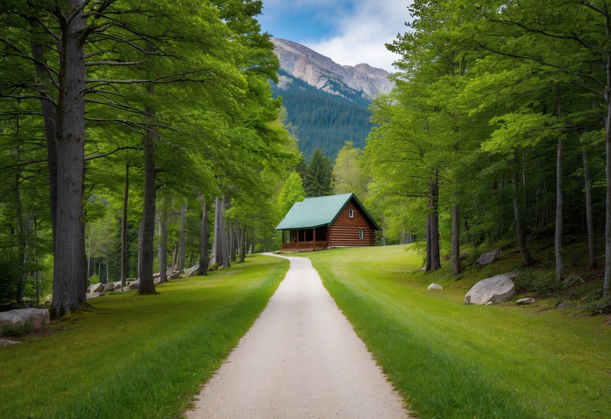 A serene, tree-lined path leading to a peaceful, secluded cabin nestled in the mountains