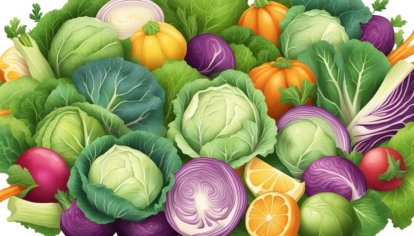 A colorful array of fresh cabbage, surrounded by various culinary ingredients and cultural symbols