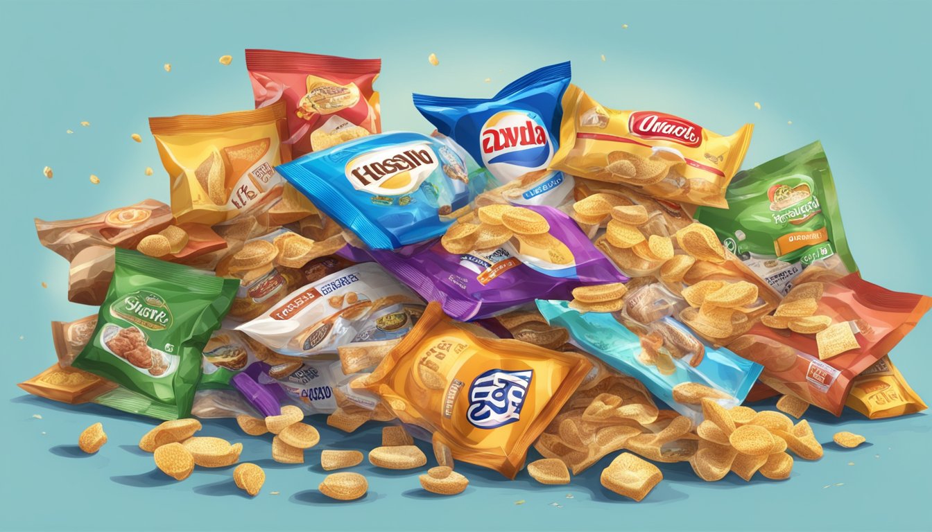 A pile of expired packaged snacks, some open and spilling out, with visible signs of mold and decay