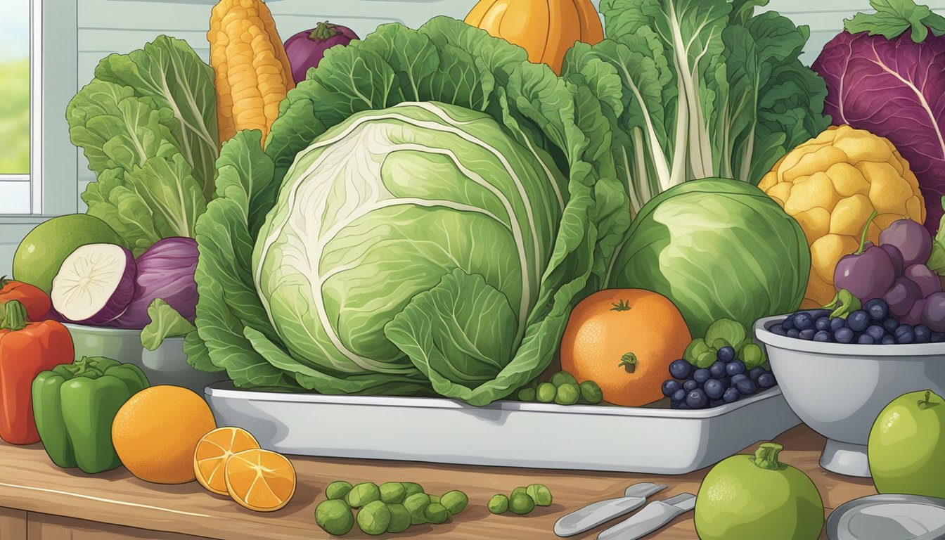 A whole head of cabbage surrounded by various fruits and vegetables on a clean, well-lit kitchen counter