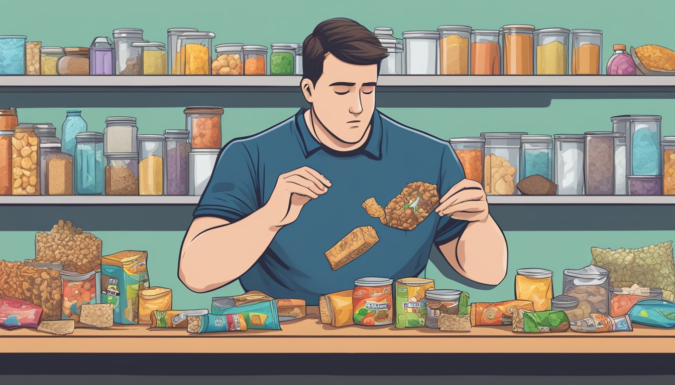 A person examining a protein bar with a puzzled expression, surrounded by various expired food items and a trash bin