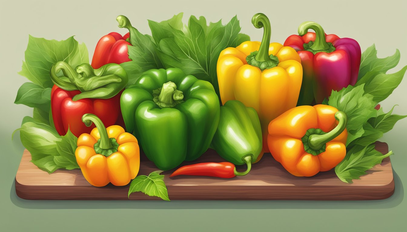 A colorful array of raw bell peppers arranged on a cutting board, surrounded by vibrant green leaves and other fresh vegetables