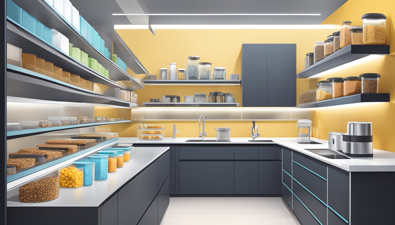 A modern kitchen with open cabinets displaying various protein bars, alongside futuristic storage containers and innovative food preservation gadgets